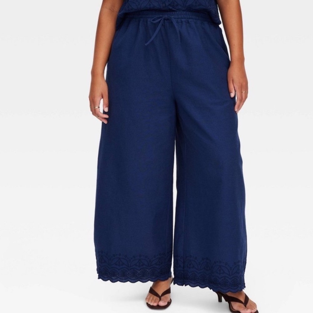 Roller Rabbit x Target Navy Cotton Linen Wide‎ Leg Embroidered Pants L Last One
